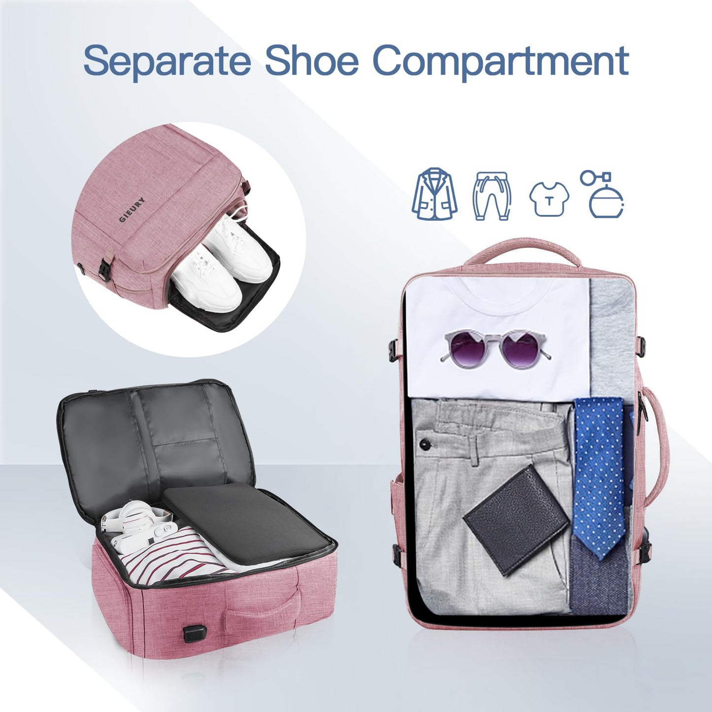 Carry On Backpack for Women, 50L Travel Backpack Flight Approved, Expandable Backpack For Airplanes, 17 Inch Laptop Backpack, Luggage Backpack Daypack Lightweight Business Weekender Bag, Pink