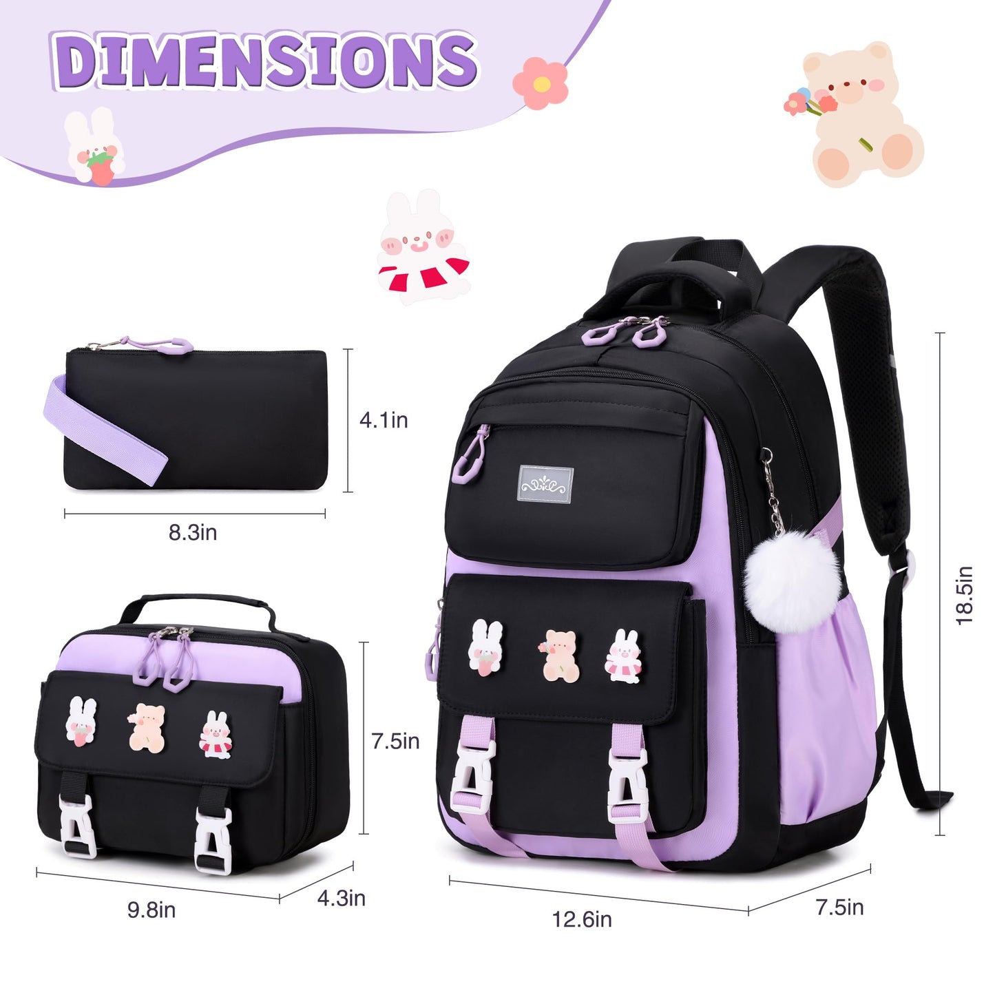 DIGOBAY Girls Backpack, School Backpack for Girls with Lunch Box Pencil Case Set for Teen Kids Girl Elementary Primary Middle High College School Bookbag with Cute Pins Blackpruple