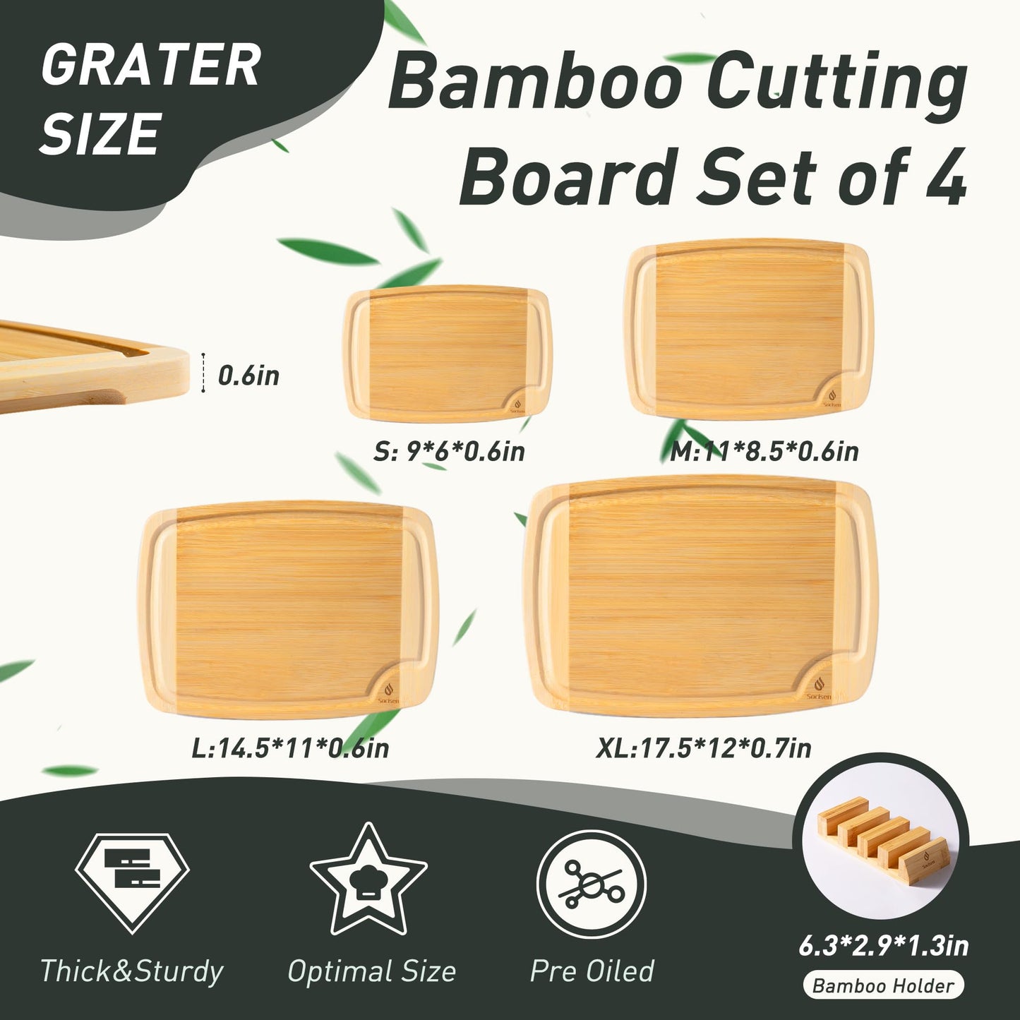 Bamboo Cutting Board Set Non Slip Feet with Holder Over Sink Valentines Gifts ideal