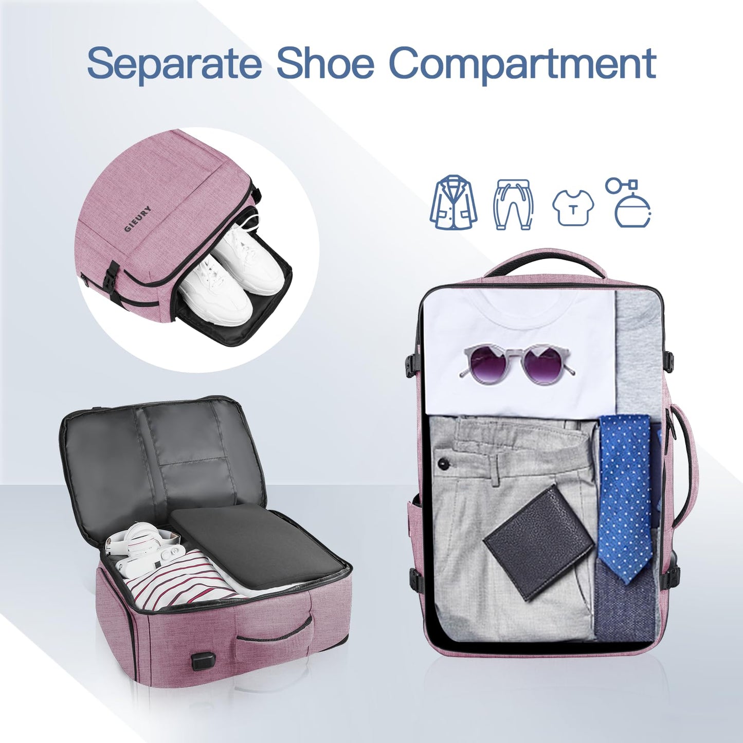 Carry On Backpack, 40-50L Travel Backpack for Men & Women, Expandable Backpack For Airplanes, 17 Inch Laptop Backpack, Luggage Backpack 40L Daypack Lightweight Business Weekender Bag, Light Pink