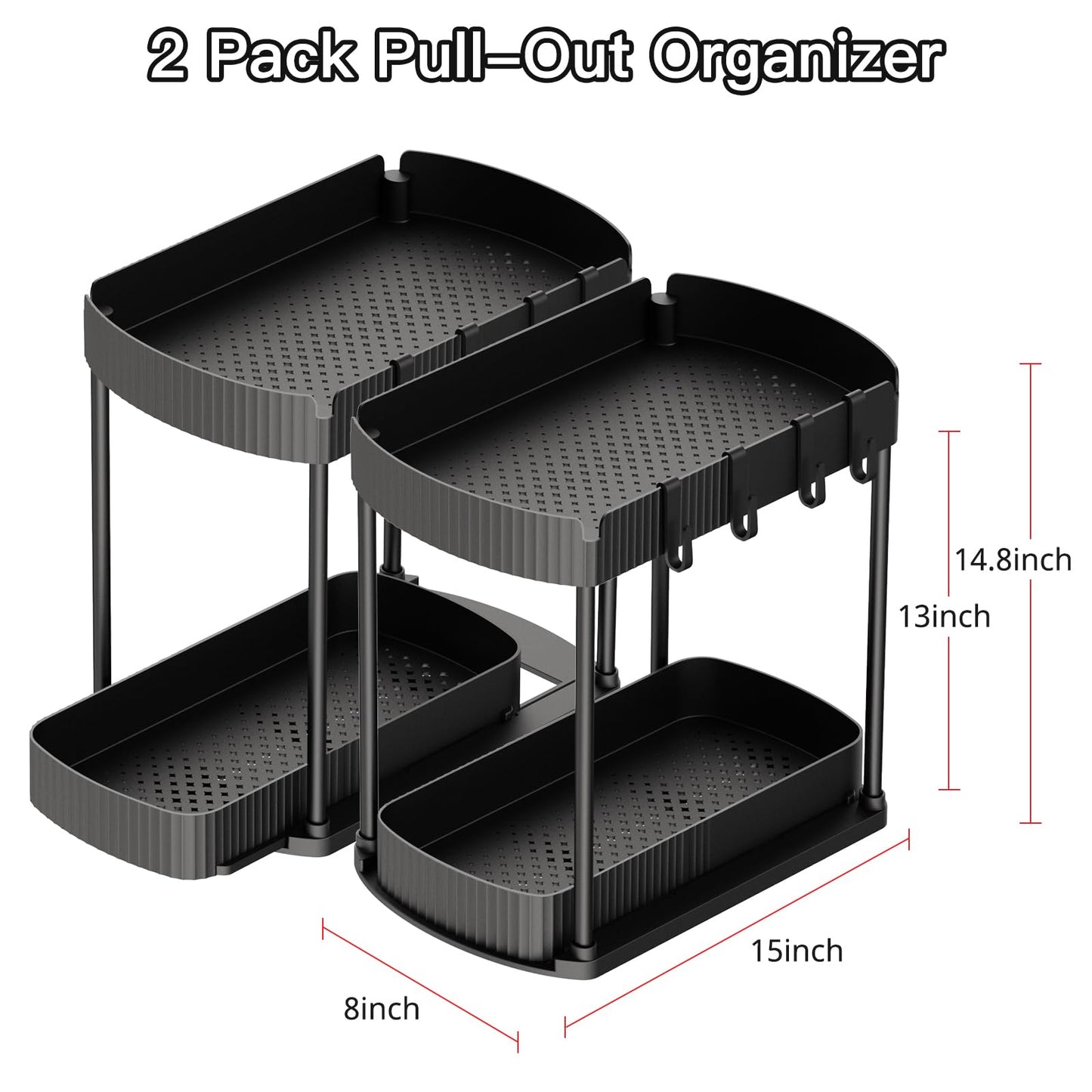 2 Pack Multi-Purpose Pull-Out Storage Organizers, Under Sink Organizers and Storage for Bathroom & Kitchen, Under Cabinet Organizers and storage, 14.8 Inch, Black