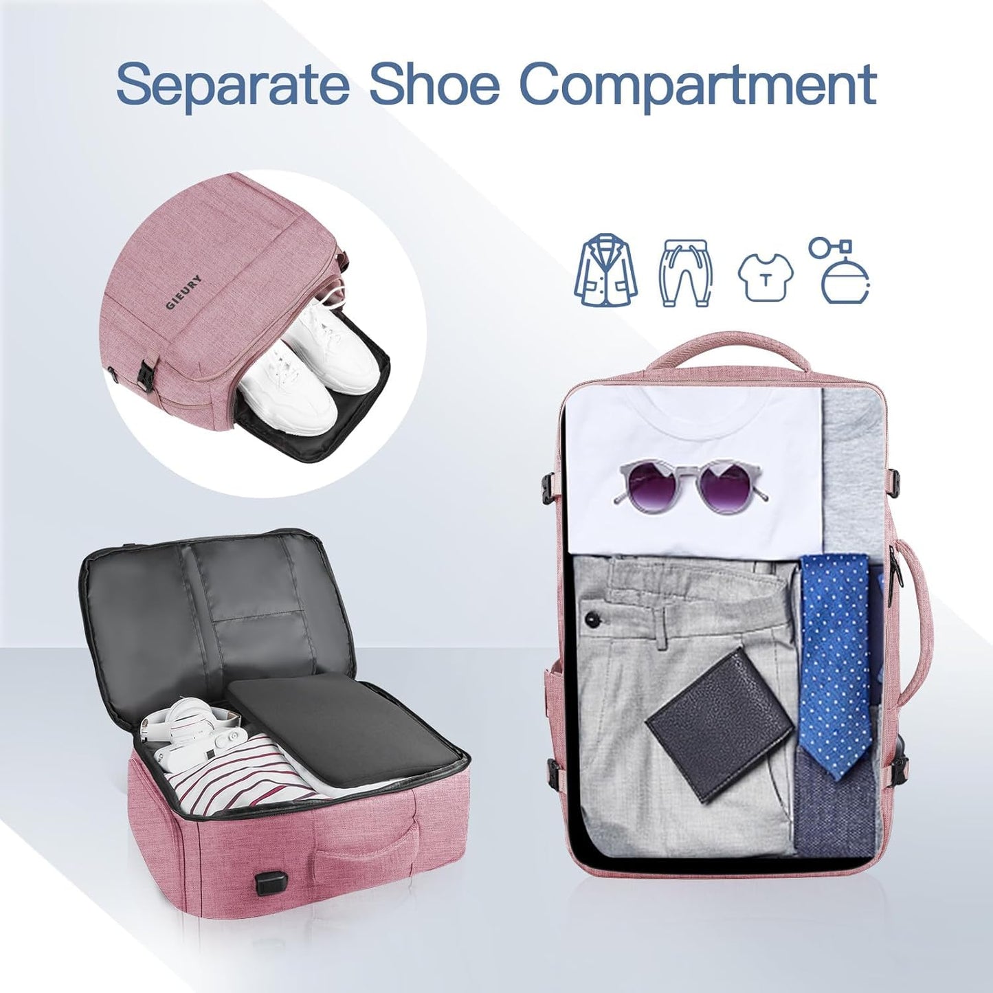 Large Travel Backpack for Women, 55L Carry On Backpack, Expandable Backpack Big Capacity For Airplanes, Travel Gifts for Women, Fits 18.4 Inch Laptop, Luggage Backpack Suitcase Daypack Bag, Pink