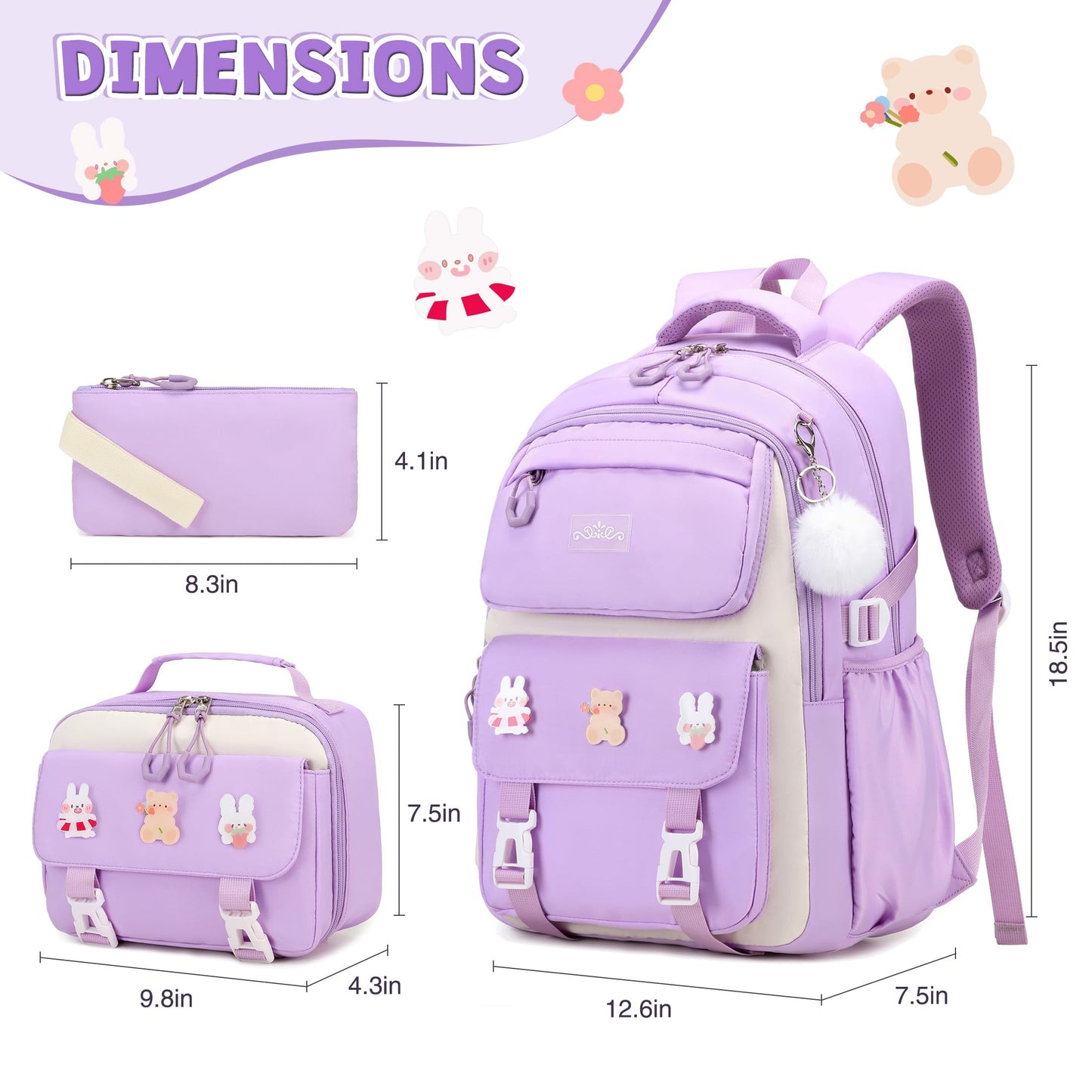DIGOBAY Girls Backpack, School Backpack for Girls with Lunch Box Pencil Case Set for Teen Kids Girl Elementary Primary Middle High College School Bookbag with Cute Pins Purple
