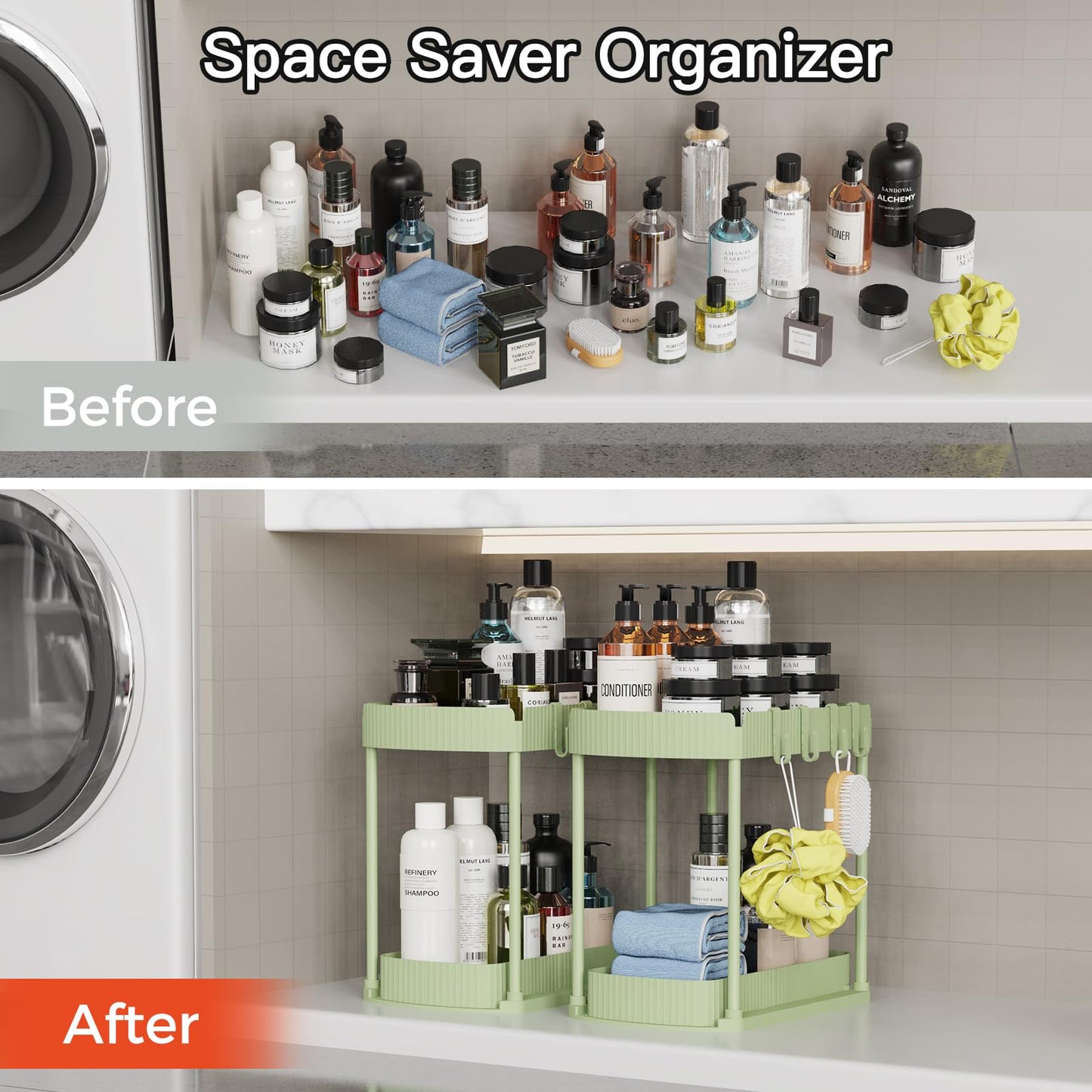 2 Pack Multi-Purpose Pull-Out Storage Organizers, Under Sink Organizers and Storage for Bathroom & Kitchen, Under Cabinet Organizers and storage, 12.8 Inch, Green