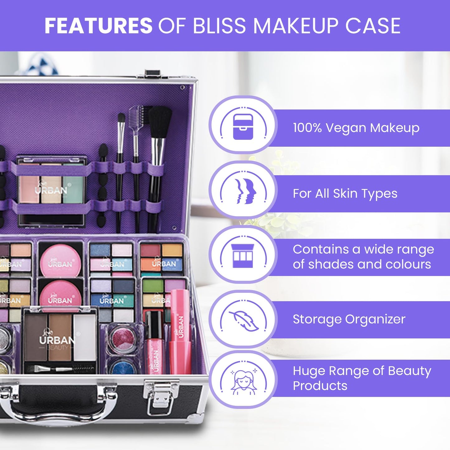 Love Urban Beauty Bliss Makeup Case Vegan Products – Complete Suitcase Eyeshadow, Blusher, Lipstick, Eyebrow Wax & Powder, Brushes Aluminum-Framed Organizer, Black, 1.0 count