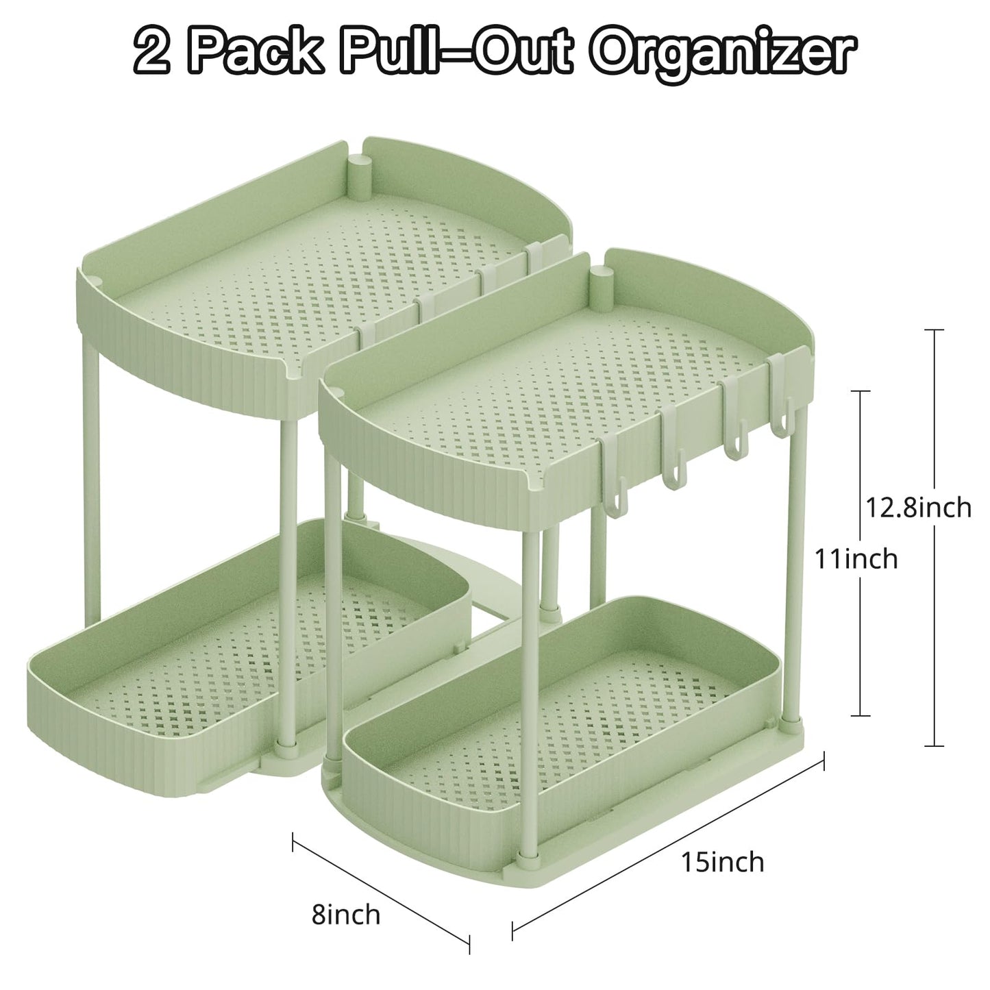 2 Pack Multi-Purpose Pull-Out Storage Organizers, Under Sink Organizers and Storage for Bathroom & Kitchen, Under Cabinet Organizers and storage, 12.8 Inch, Green