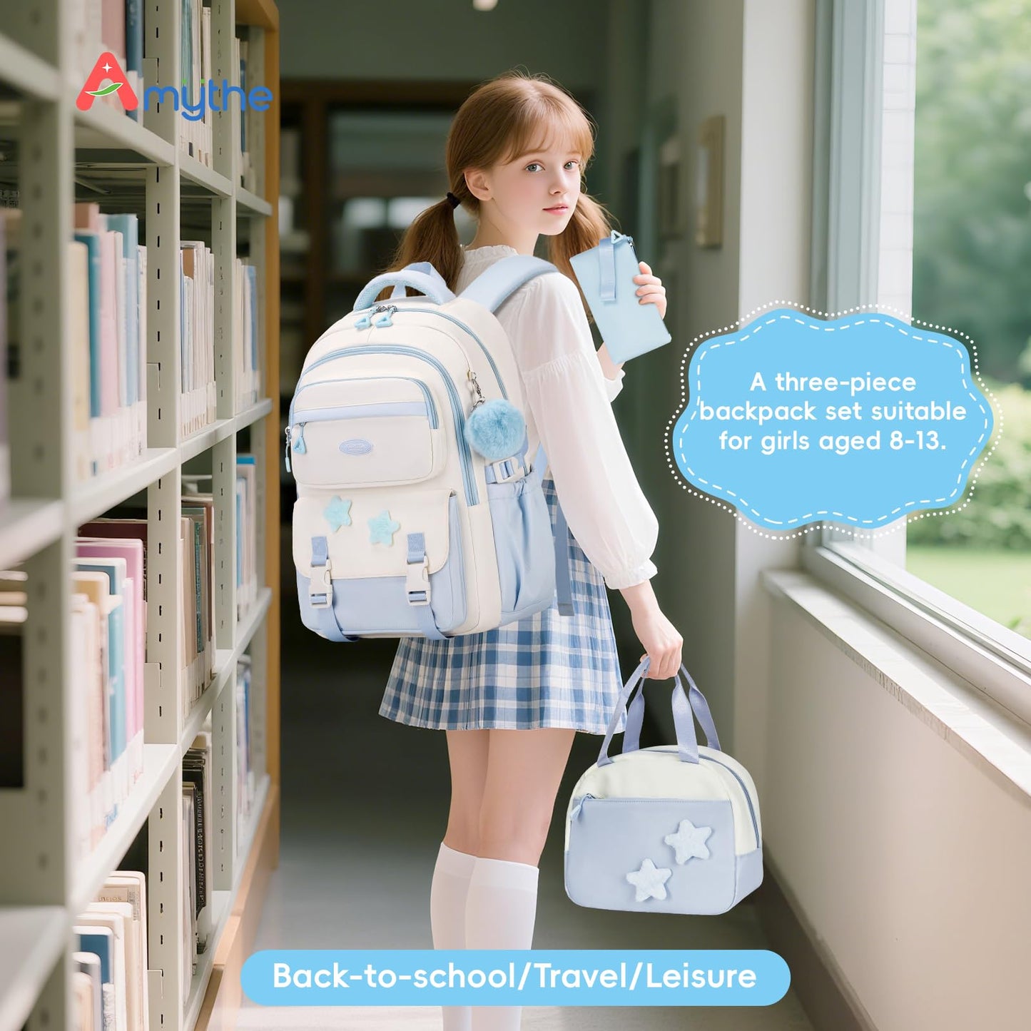 Amythe School Bag for Girls, 3 Pcs Kids Backpack for Elementary Junior School, Multiple Compartment Girl's BookBag Set with Lunch Box Pencil Case, Casual Sac a Dos Fille, Blue