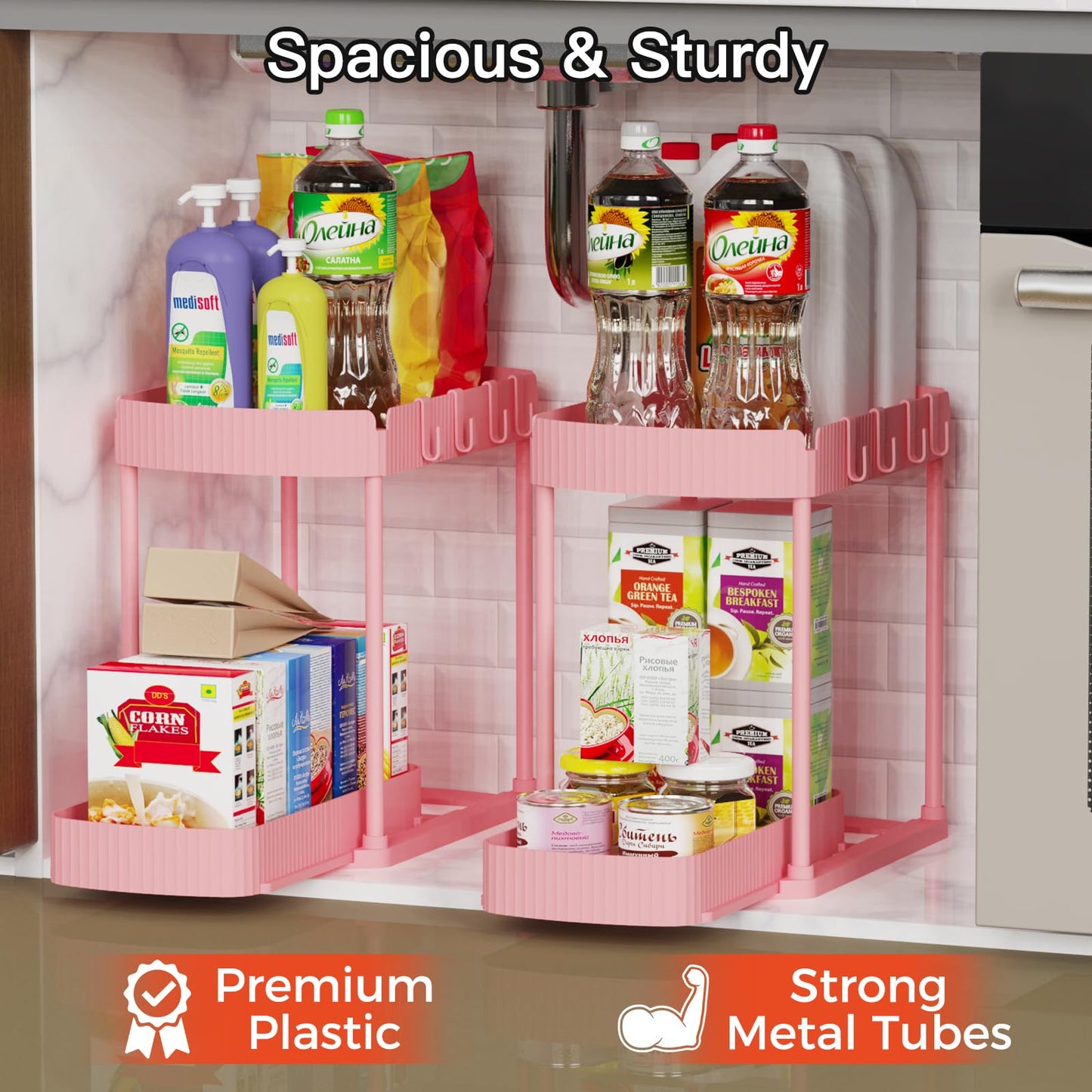 2 Pack Multi-Purpose Pull-Out Storage Organizers, Under Sink & Cabinet Organizers, 12.8 Inch Pink