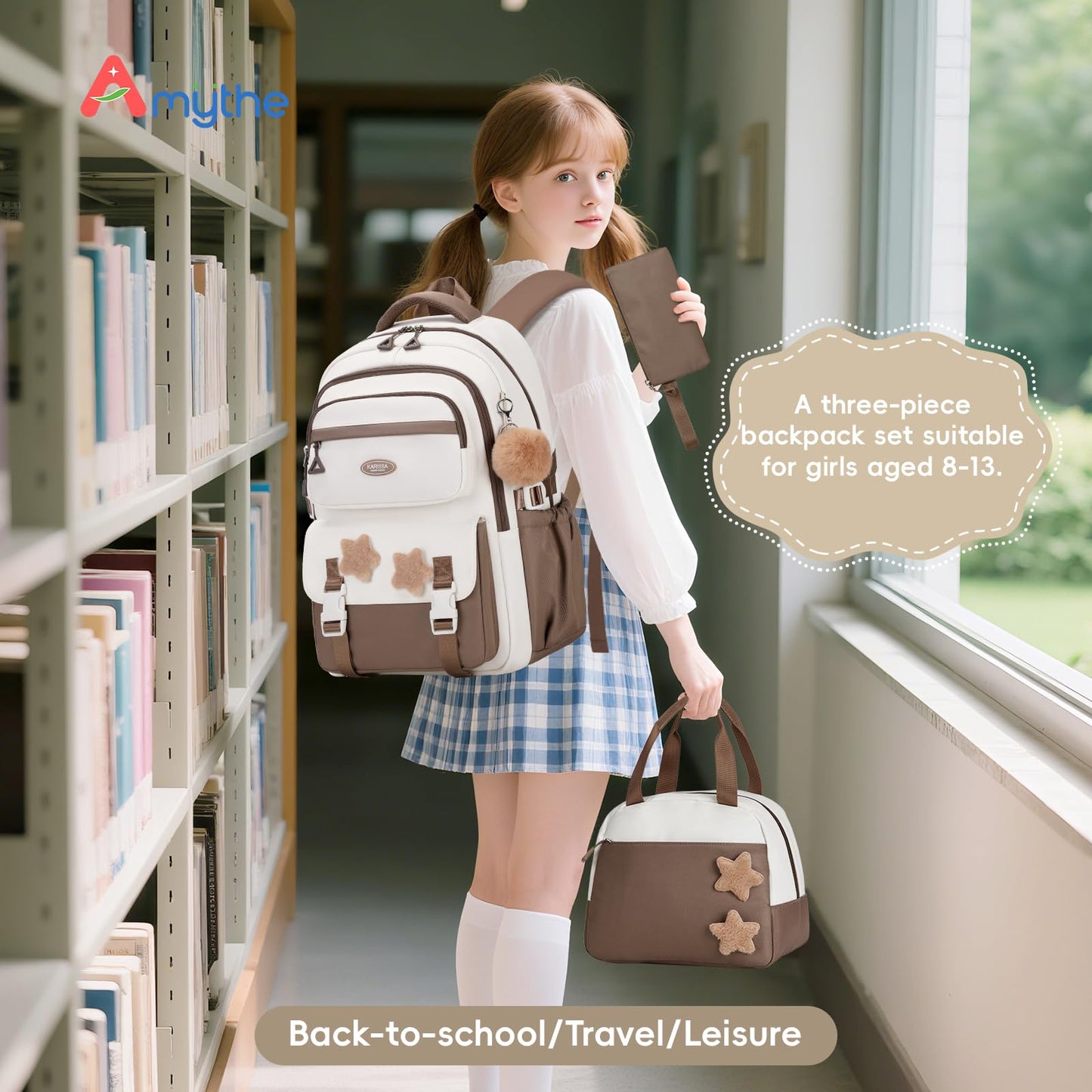 Amythe School Bag for Girls, 3 Pcs Kids Backpack for Elementary Junior School, Multiple Compartment Girl's BookBag Set with Lunch Box Pencil Case, Casual Sac a Dos Fille, Brown