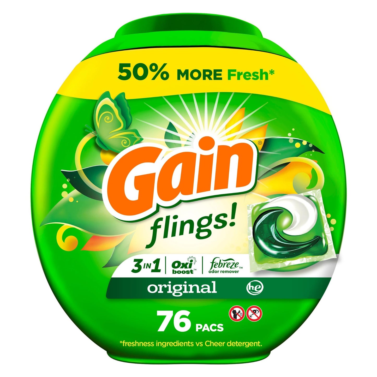 Gain Flings Laundry Detergent Pacs, Original Scent, 3 in 1 HE Detergent Pacs with Oxi Boost and Febreeze, 76 Count