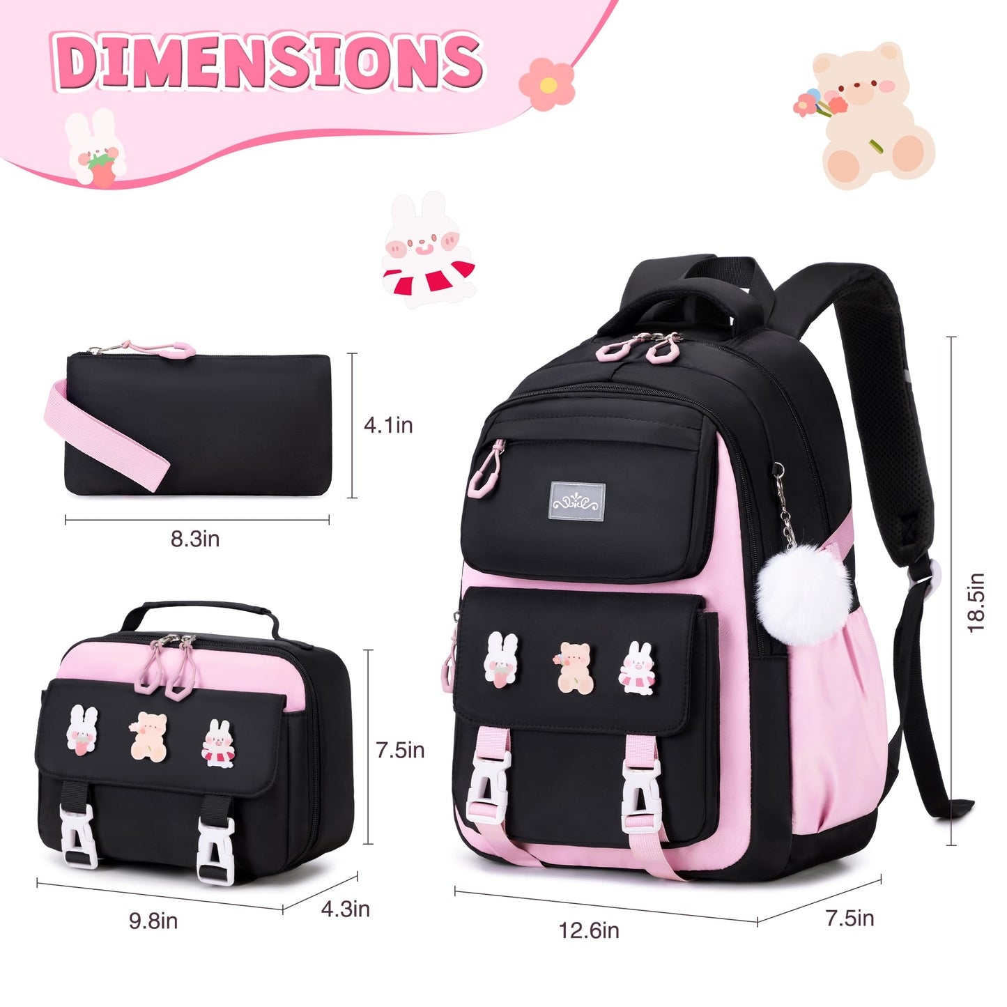 DIGOBAY Girls Backpack, School Backpack for Girls with Lunch Box Pencil Case Set for Teen Kids Girl Elementary Primary Middle High College School Bookbag with Cute Pins Blackpink