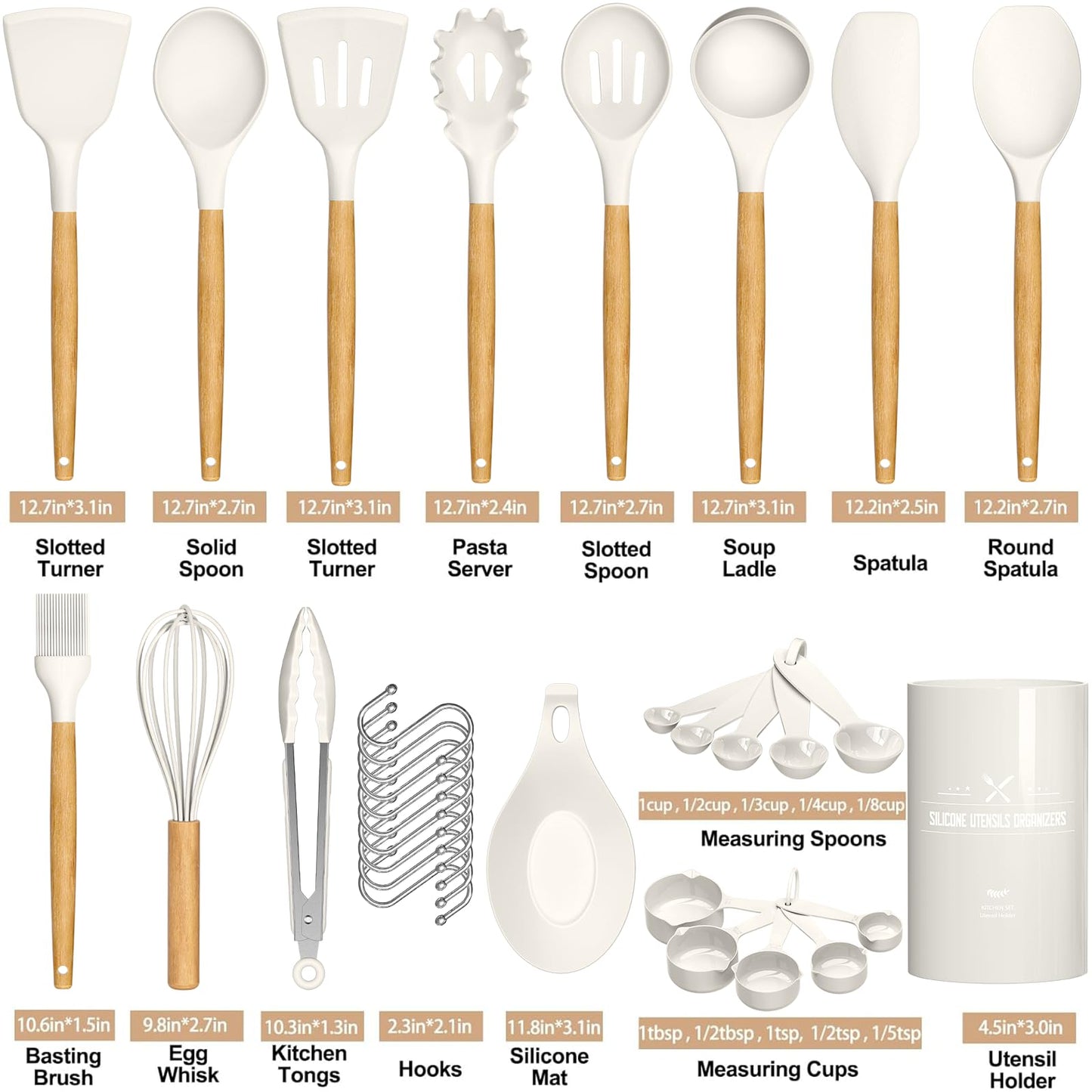 Umite Chef Kitchen Cooking Utensils Set, 33 pcs Non-stick Silicone Cooking Kitchen Utensils Spatula Set with Holder, Wooden Handle Silicone Kitchen Gadgets Utensil Set (Cream White)