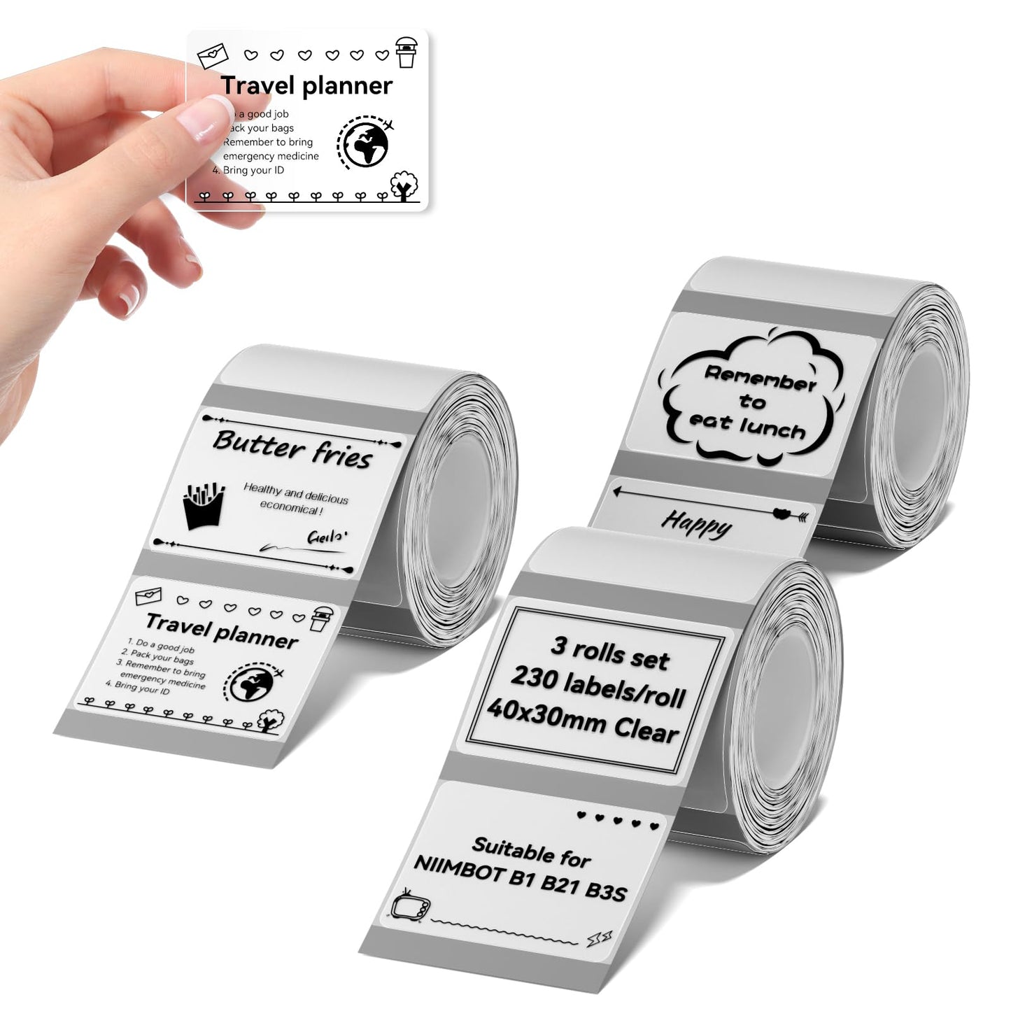 NIIMBOT Labels 3 Rolls Set for B1/B21/B3S Sticker Printer, 40x30mm (1.57'' x 1.18'') 230 Labels/Roll, Refill Labeling Tape for Home School Office Small Business (Clear)