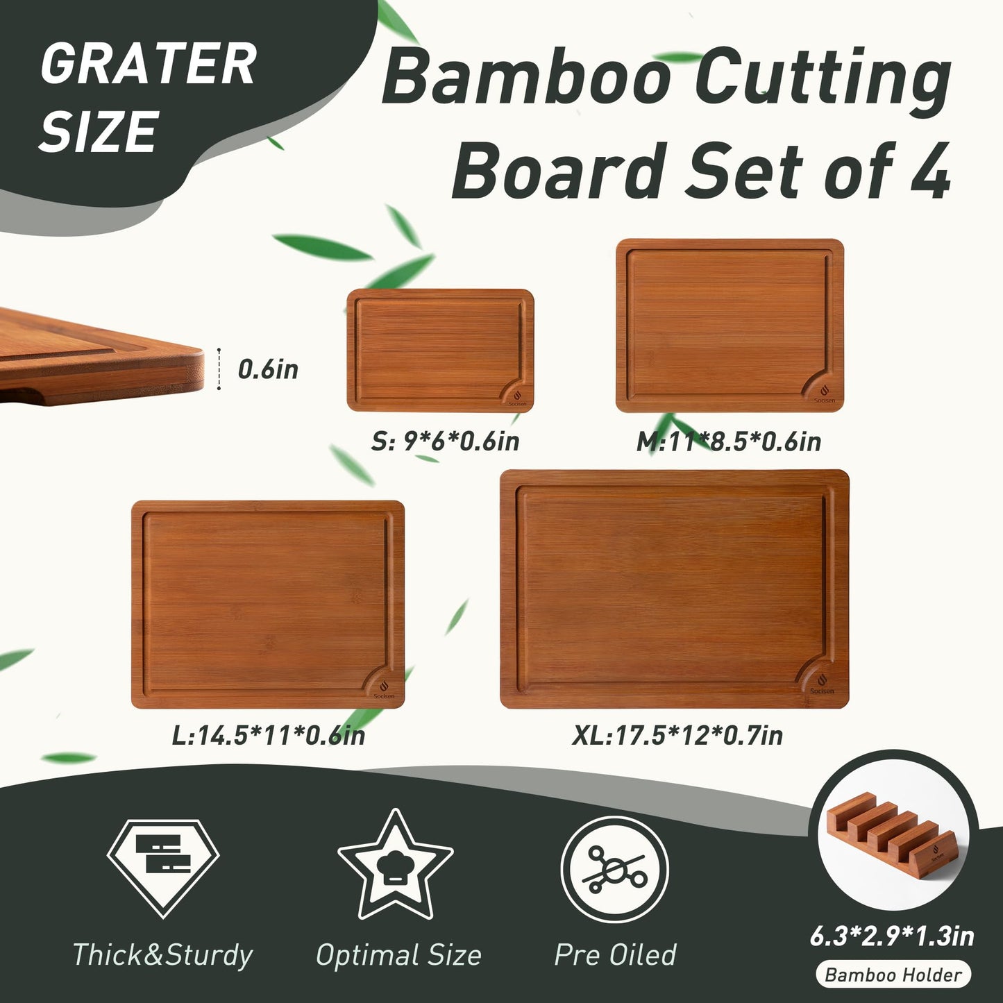 Bamboo Cutting Board Set Non Slip Feet with Holder ideal for gift