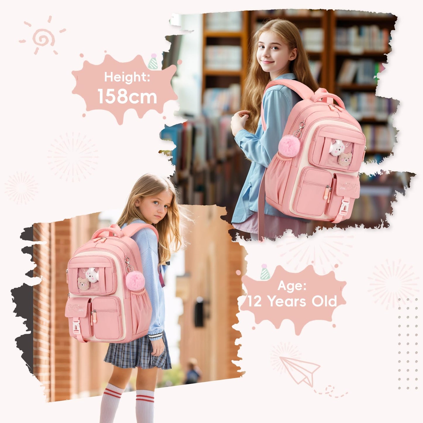 Amythe School Bag for Girls, Breathable School Backpack for Kids with Pendant, Casual Sac a Dos Fille for Elementary Junior High School, Pink