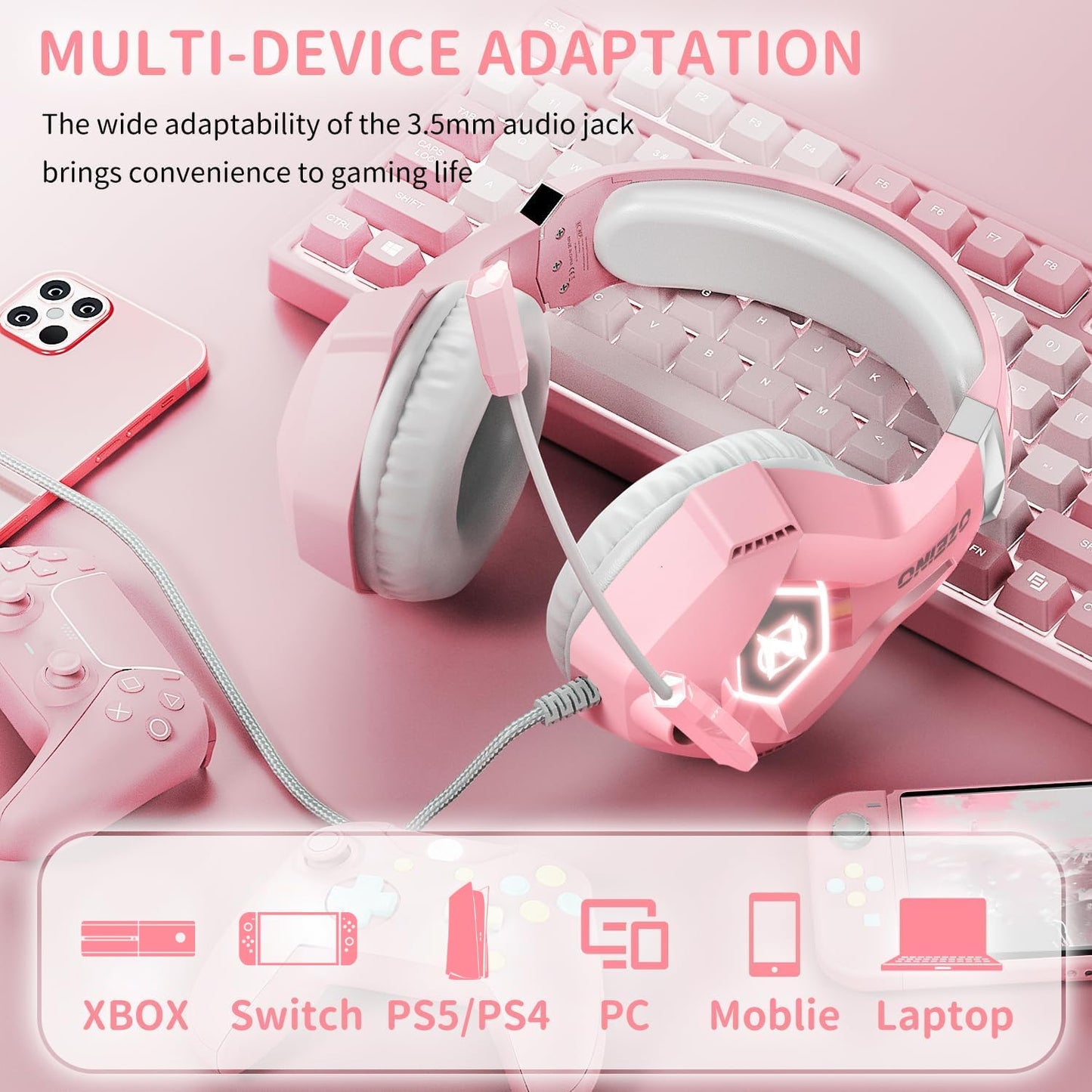 Ozeino Gaming Headset for PC, Ps4, Ps5, Xbox Headset with 7.1 Surround Sound, Gaming Headphones with Noise Cancelling Mic RGB Light Over Ear Headphones for Xbox Series X/S, Switch-Pink