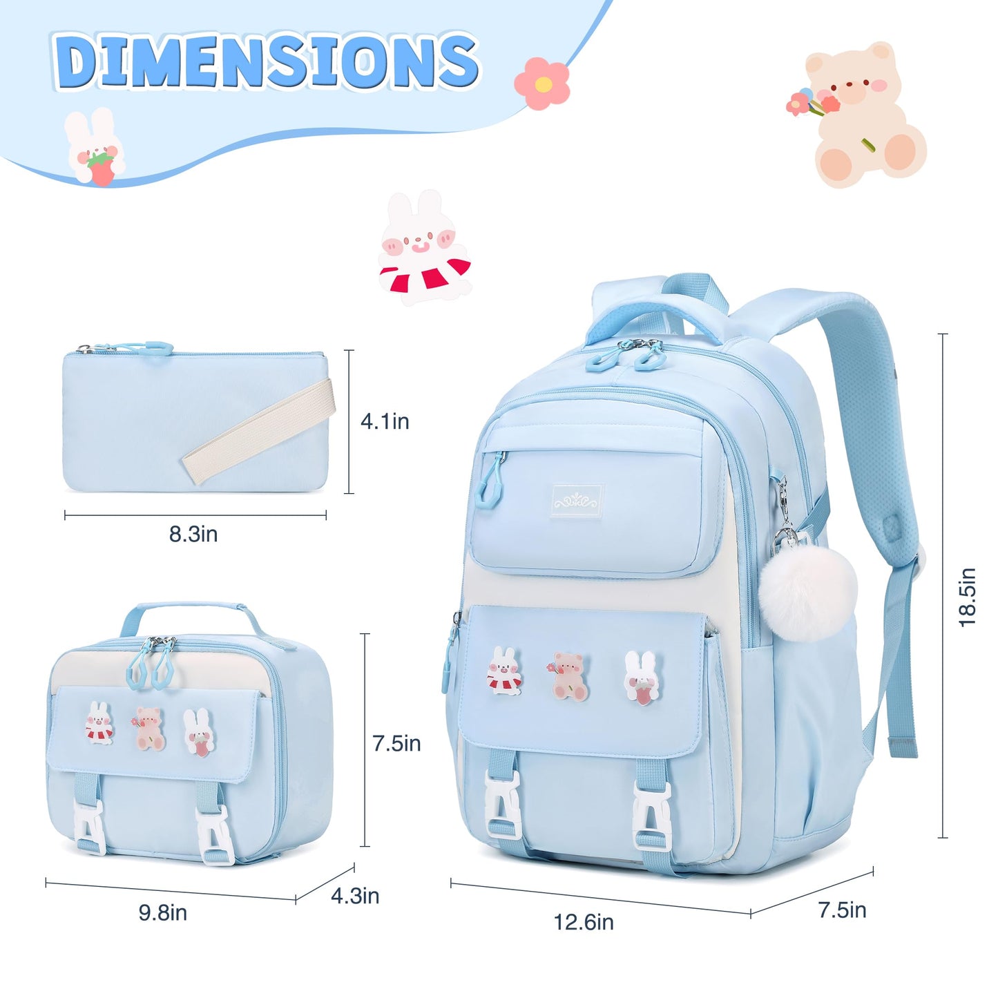 DIGOBAY School Backpack for Girls Backpack with Lunch Box Pencil Case Set for Teen Kids Girl Elementary Primary Middle High College School Bookbag with Cute Pins Blue