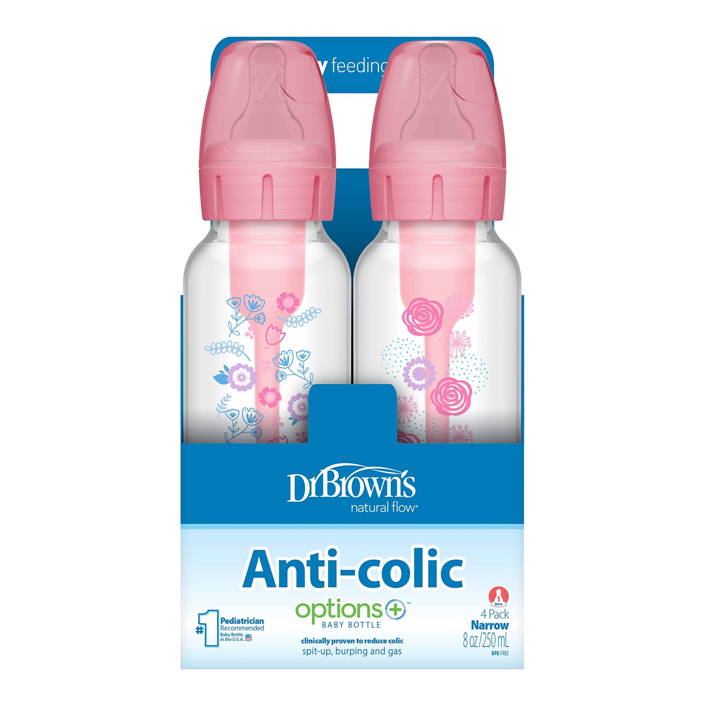 Dr. Brown's Natural Flow Anti-Colic Options+ Narrow Baby Bottle, Pink Floral, 8 oz/250 mL, with Level 1 Slow Flow Nipples, 0m+, 4 Pack