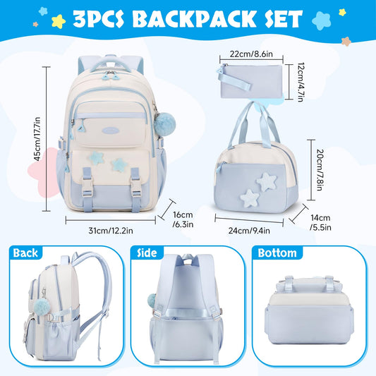 Amythe School Bag for Girls, 3 Pcs Kids Backpack for Elementary Junior School, Multiple Compartment Girl's BookBag Set with Lunch Box Pencil Case, Casual Sac a Dos Fille, Blue