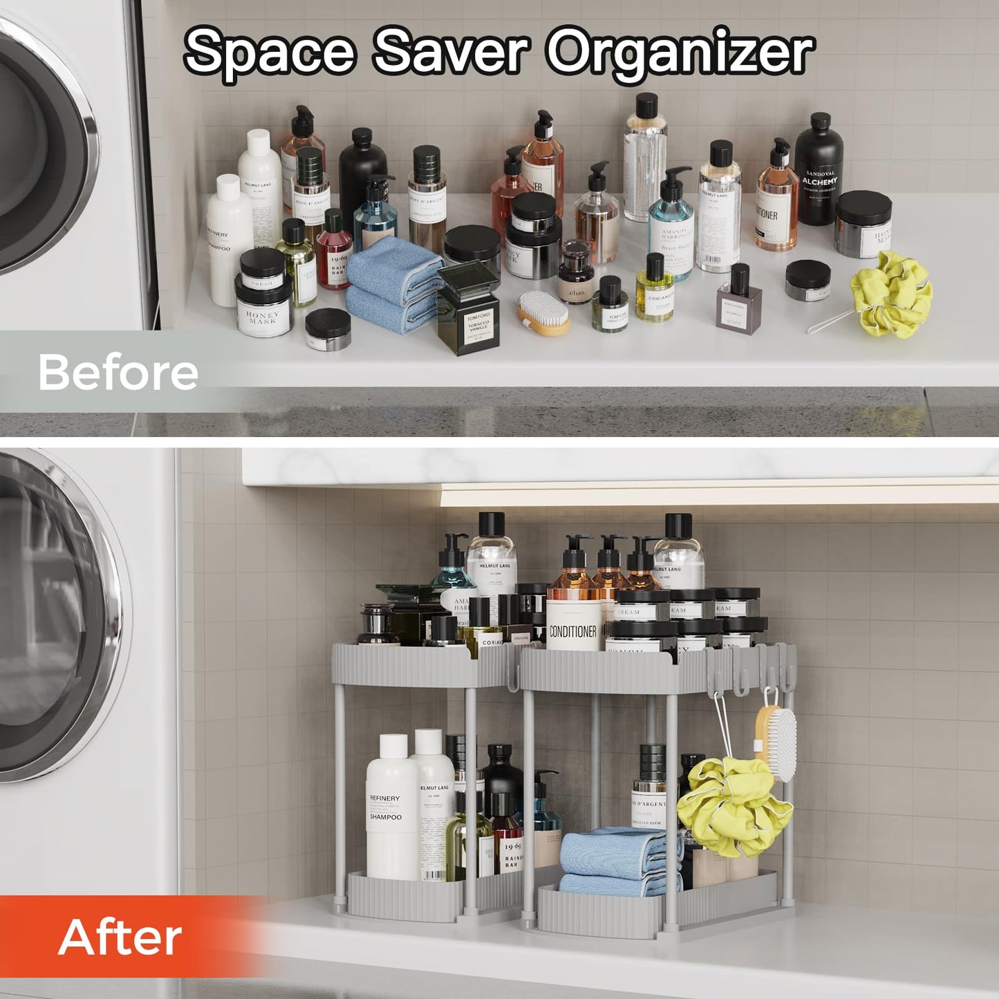 2 Pack Multi-Purpose Pull-Out Storage Organizers, Under Sink Organizers and Storage for Bathroom & Kitchen, Under Cabinet Organizers and storage, 14.8 Inch, Grey