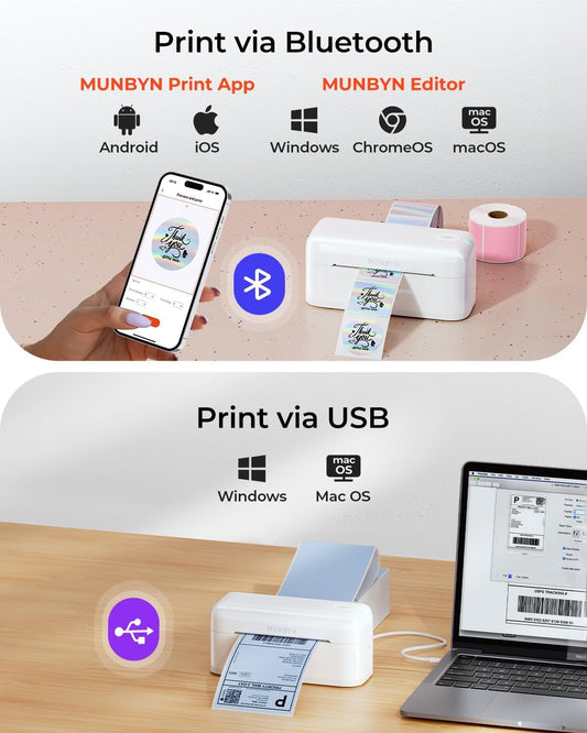 MUNBYN Bluetooth Shipping Label Printer, 4x6 Thermal Label Printer for Small Business, Compatible with iPhone, Android, Windows, macOS, Etsy, Shopify, Royal Mail, DHL, DPD, Evri, 402B, White