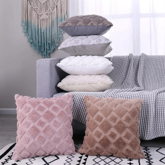 CJWLKJ 2Pcs Soft Faux Fur Throw Pillow Covers 18x18 - Plush Short Wool Velvet Decorative Pillow Covers - Couch Sofa Pillow Covers for Living Room - with 3D Plaid Pattern (Black)