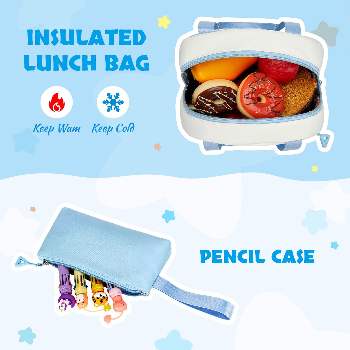 Amythe School Bag for Girls, 3 Pcs Kids Backpack for Elementary Junior School, Multiple Compartment Girl's BookBag Set with Lunch Box Pencil Case, Casual Sac a Dos Fille, Blue