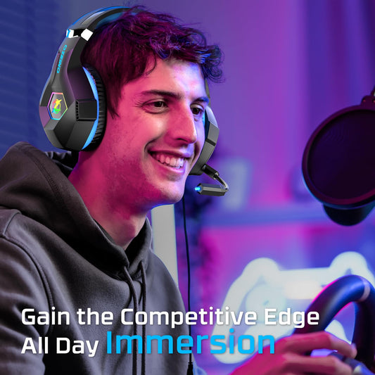 Gaming Headset for PC, Ps4, Ps5, Xbox Headset with 7.1 Surround Sound, Gaming Headphones with Noise Cancelling Mic RGB Light Over Ear Headphones for Xbox Series X/S, Switch-Black Blue