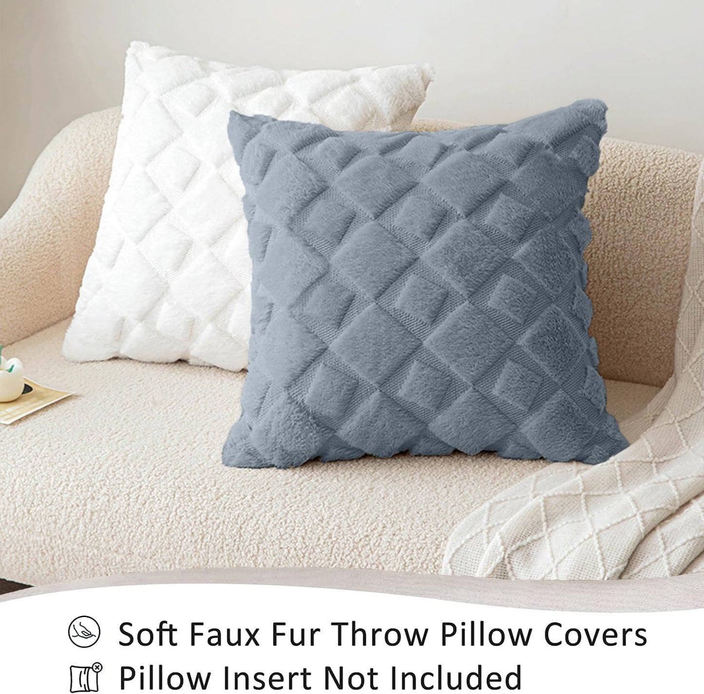 CJWLKJ 2Pcs Soft Faux Fur Throw Pillow Covers 18x18 - Plush Short Wool Velvet Decorative Pillow Covers - Couch Sofa Pillow Covers for Living Room - with 3D Plaid Pattern (Gray)