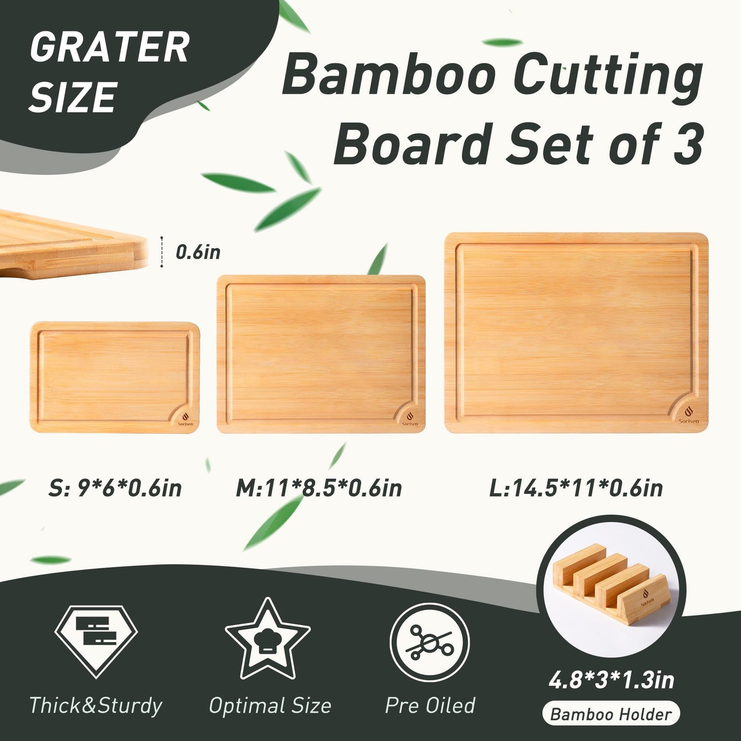 Bamboo Cutting Board Set Non Slip Feet with Holder Over Sink Kitchen Gadgets Gifts