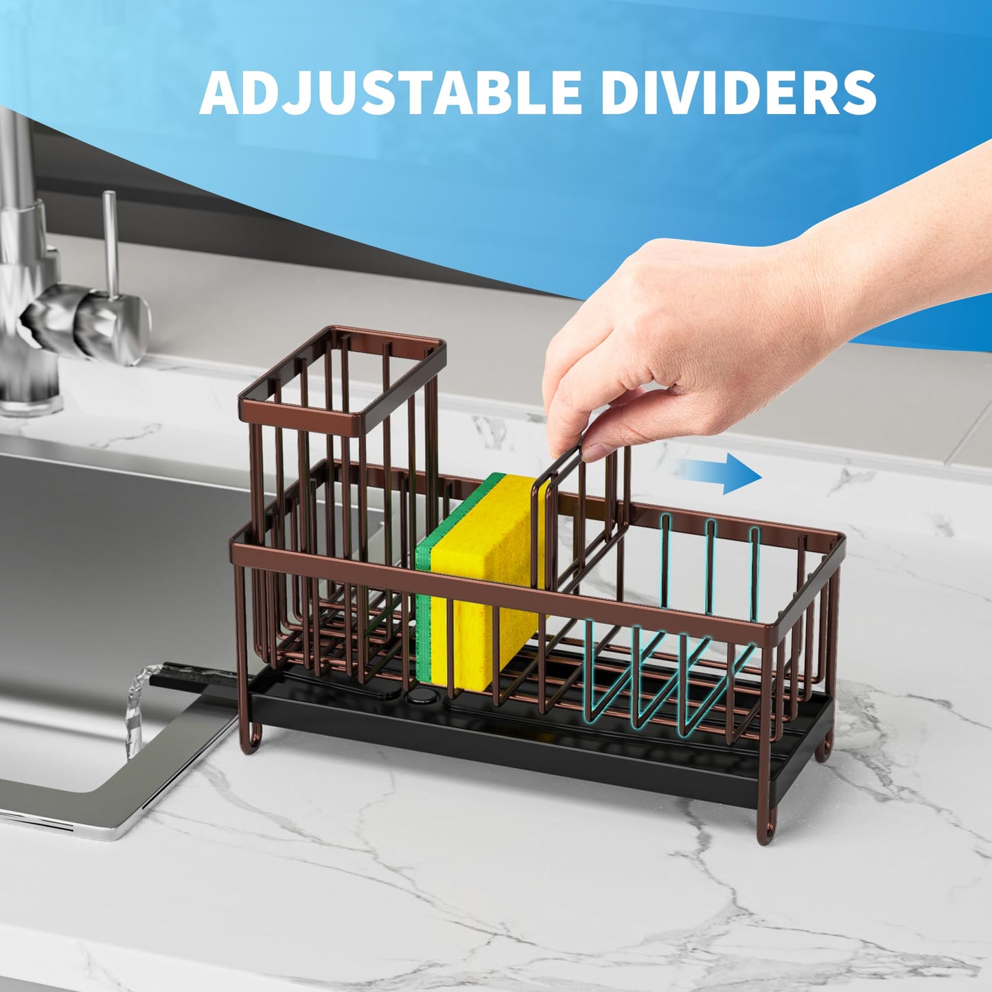 Brown Sponge Holder for Kitchen Sink, Sink Caddy Organizer with High Brush Holder, Kitchen Countertop Organizers and Storage Essentials, Rustproof 304 Stainless Steel, Soap Dispenser Organize