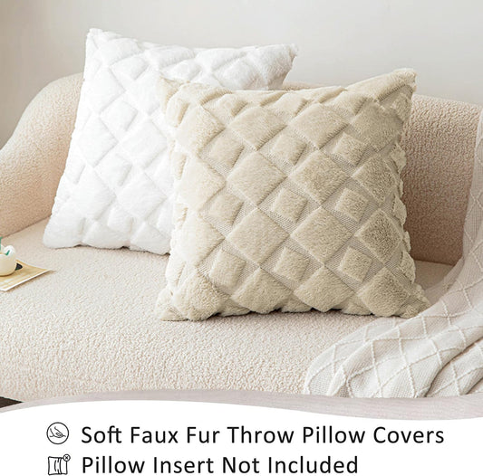 CJWLKJ 2Pcs Soft Faux Fur Throw Pillow Covers 18x18 - Plush Short Wool Velvet Decorative Pillow Covers - Couch Sofa Pillow Covers for Living Room - with 3D Plaid Pattern (White)