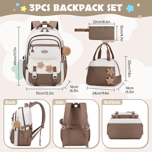 Amythe School Bag for Girls, 3 Pcs Kids Backpack for Elementary Junior School, Multiple Compartment Girl's BookBag Set with Lunch Box Pencil Case, Casual Sac a Dos Fille, Brown