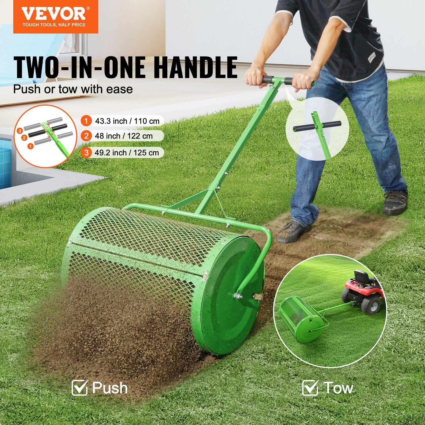 VEVOR Compost Spreader Peat Moss Spreader Push Tow-Behind Lawn Roller Green