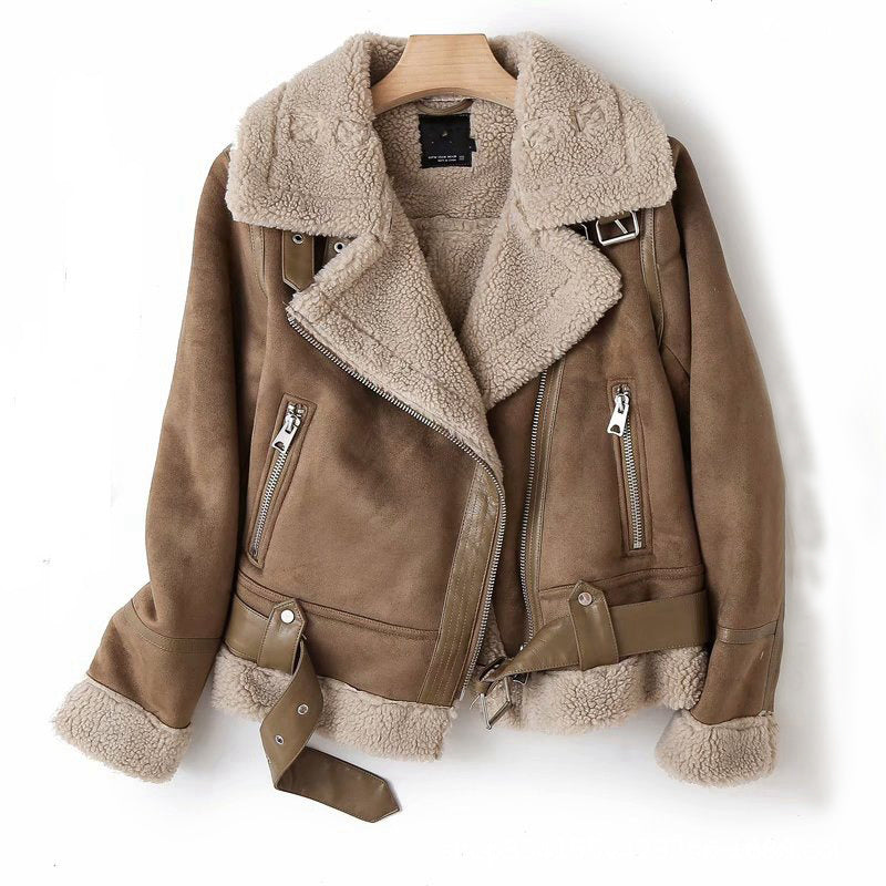 WInter Lapel Jacket Suede Lamb Wool Women Outwears