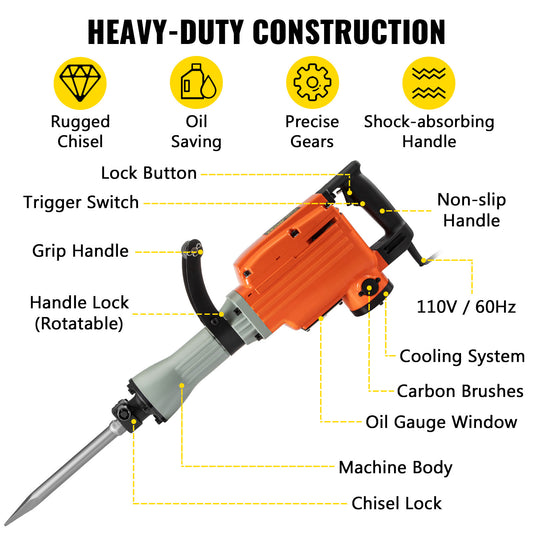VEVOR Demolition Jack Hammer, 2200W 1400 BPM Jack Hammer Concrete Breaker, Heavy Duty Electric Jack Hammer 6pcs Chisels Bit With Gloves, Swiveling Front Handle For Trenching And Breaking Holes