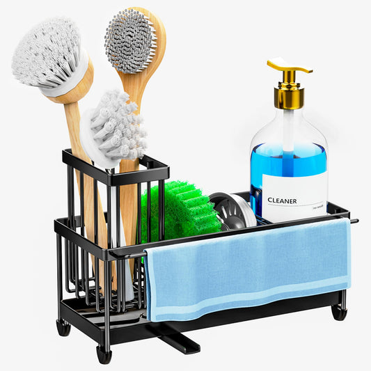 Sponge Holder for Kitchen Sink with Towel Rack, Sink Caddy with Kitchen High Brush Holder, Organzier Rustproof 304 Stainless Steel Dish Organizer Divider, Soap Dispenser Storage