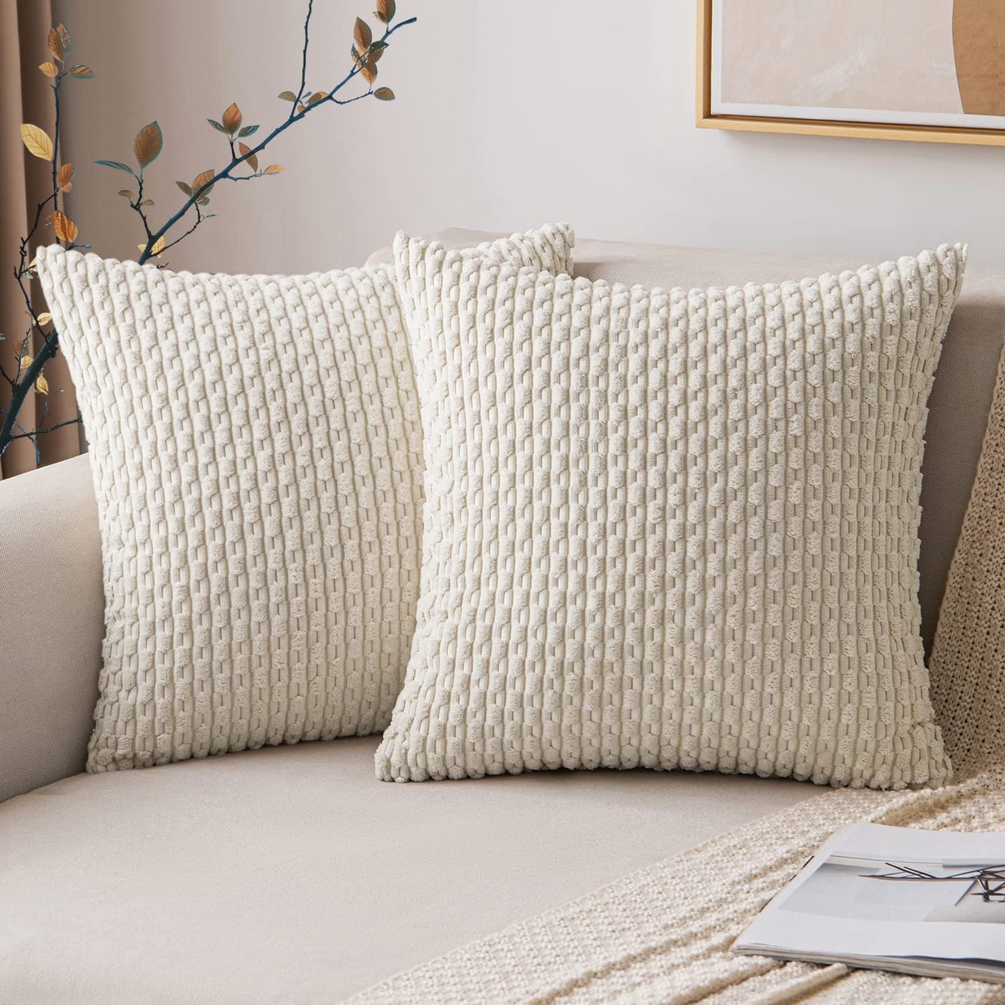 2 Packs Throw Pillow Covers Corduroy, Decorative Lumbar Pillow Covers, JOMWEN Super Soft Boho Striped Cushion Covers for Couch Bed Sofa Livingroom (Beige, 45 x 45 cm)