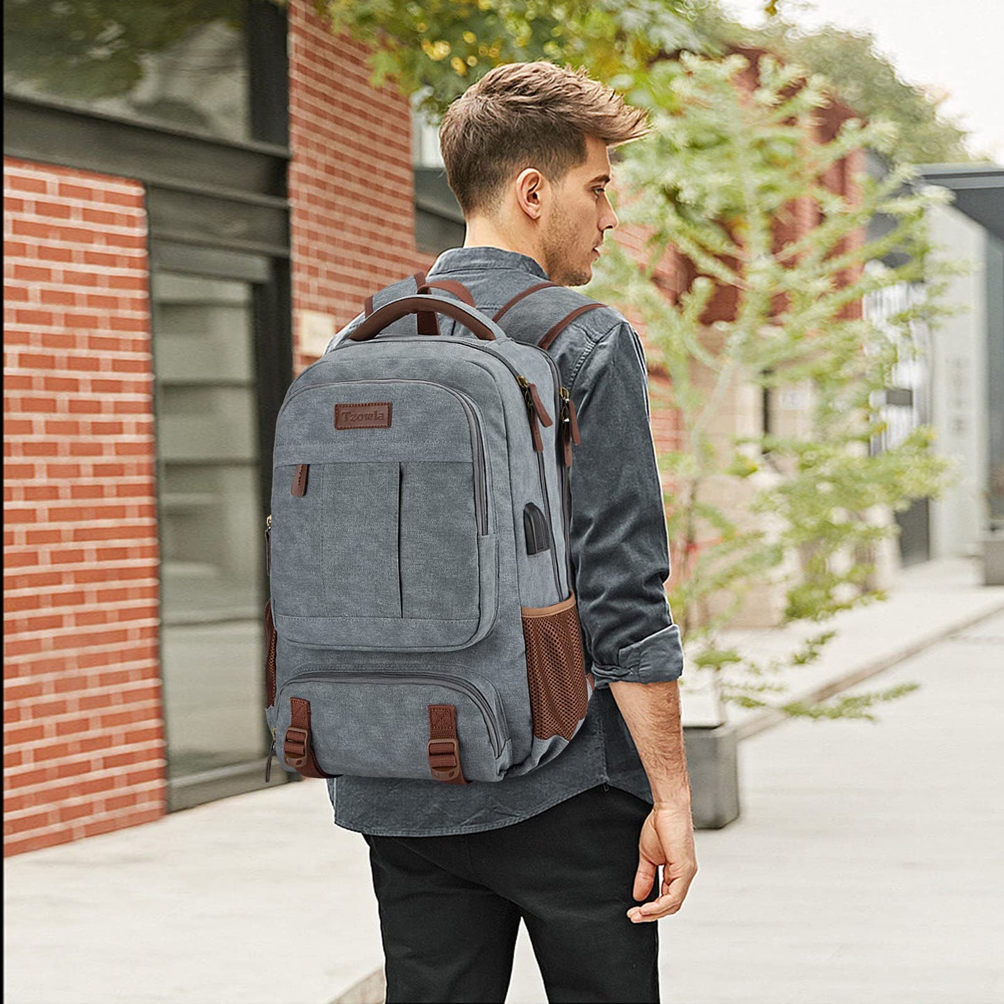 Tzowla Canvas Laptop Backpack Men,Bag for Women,School Travel College Work Rucksack Fits 15.6 Inch Laptop,Bookbag with USB Charging Port,Light Grey