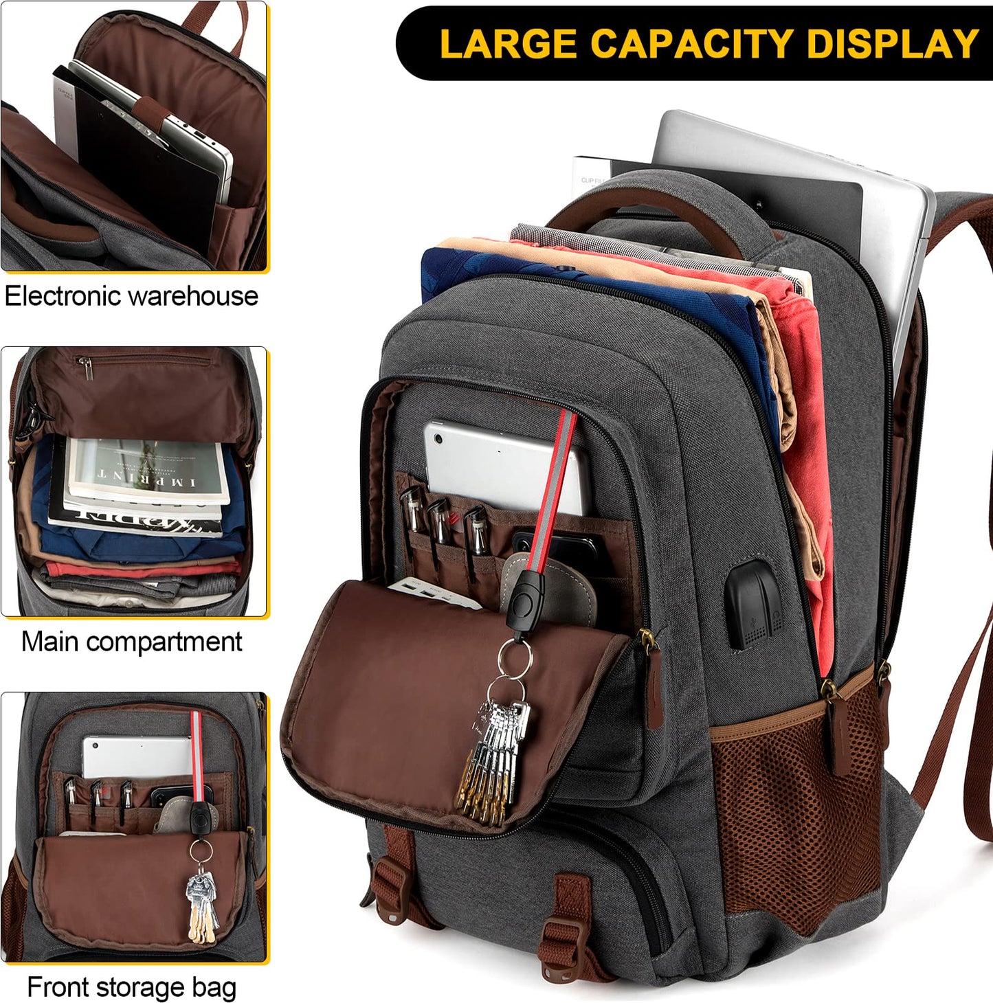 Tzowla Canvas Laptop Backpack Men,Bag for Women,School Travel College Work Rucksack Fits 15.6 Inch Laptop,Bookbag with USB Charging Port,Dark Grey