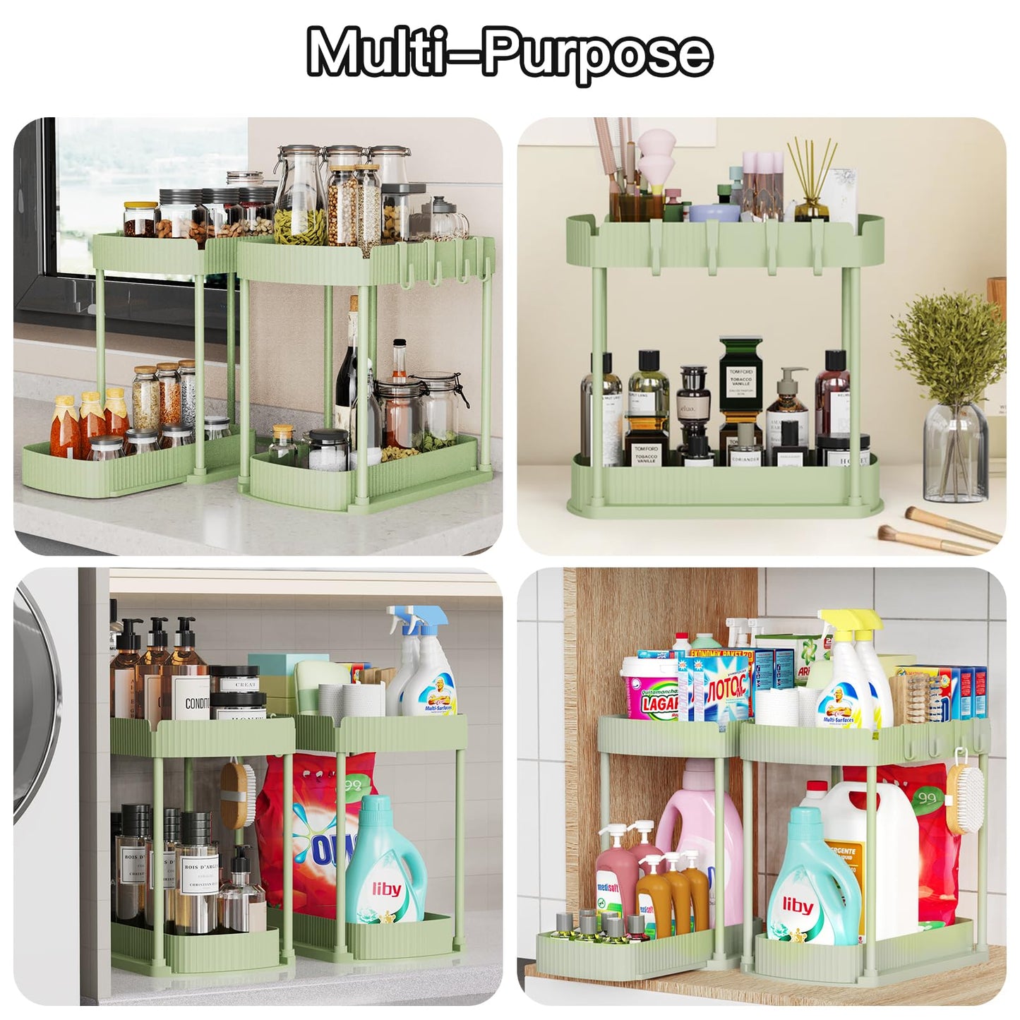 2 Pack Multi-Purpose Pull-Out Storage Organizers, Under Sink Organizers and Storage for Bathroom & Kitchen, Under Cabinet Organizers and storage, 14.8 Inch, Green