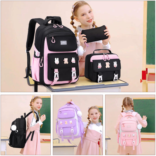 DIGOBAY Girls Backpack, School Backpack for Girls with Lunch Box Pencil Case Set for Teen Kids Girl Elementary Primary Middle High College School Bookbag with Cute Pins Blackpink