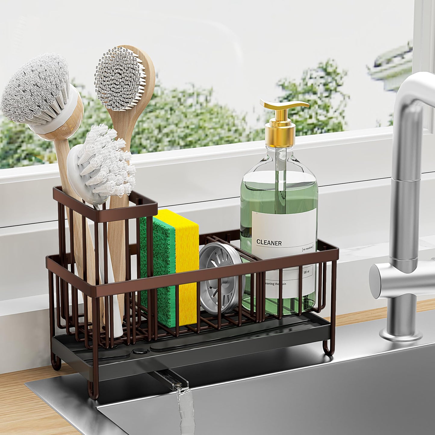 Brown Sponge Holder for Kitchen Sink, Sink Caddy Organizer with High Brush Holder, Kitchen Countertop Organizers and Storage Essentials, Rustproof 304 Stainless Steel, Soap Dispenser Organize
