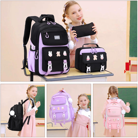 DIGOBAY Girls Backpack, School Backpack for Girls with Lunch Box Pencil Case Set for Teen Kids Girl Elementary Primary Middle High College School Bookbag with Cute Pins Blackpruple