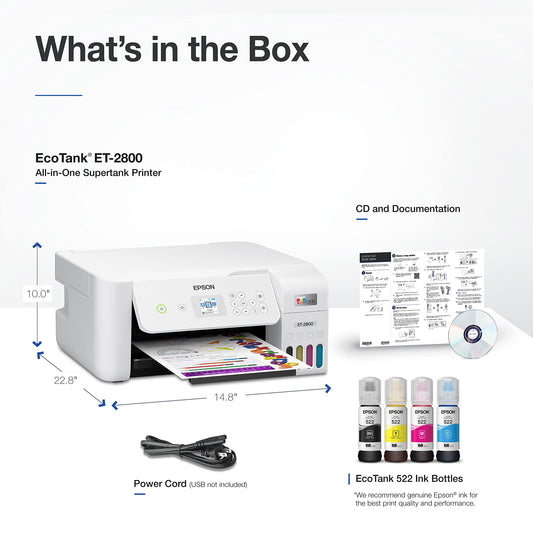 Epson EcoTank ET-2800 Wireless Color All-in-One Cartridge-Free Supertank Printer with Scan and Copy – The Ideal Basic Home Printer - White, Medium