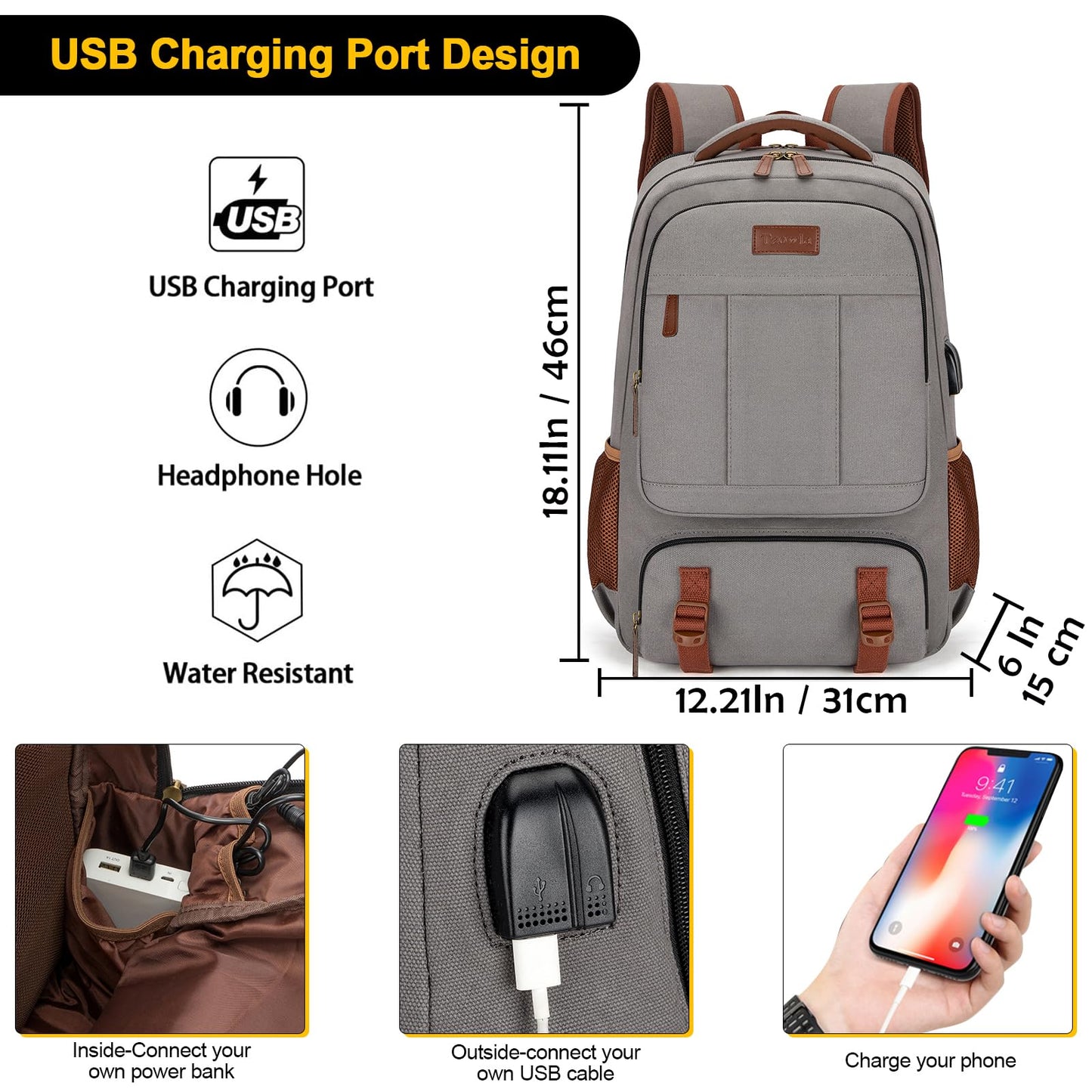 Tzowla Canvas Laptop Backpack Men,Bag for Women,School Travel College Work Rucksack Fits 15.6 Inch Laptop,Bookbag with USB Charging Port