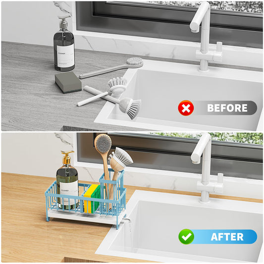 Blue Sponge Holder for Kitchen Sink, Sink Caddy Organizer with High Brush Holder, Kitchen Countertop Organizers and Storage Essentials, Rustproof 304 Stainless Steel, Soap Dispenser Organize