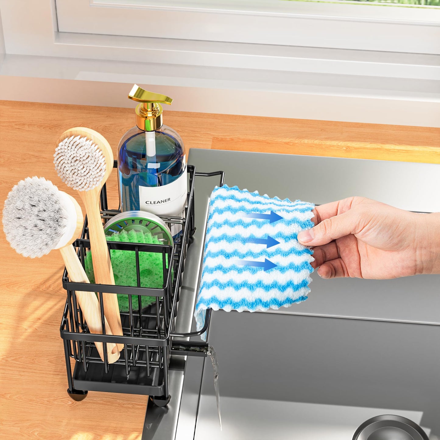Sponge Holder for Kitchen Sink with Towel Rack, Sink Caddy with Kitchen High Brush Holder, Organzier Rustproof 304 Stainless Steel Dish Organizer Divider, Soap Dispenser Storage