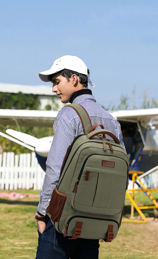 Tzowla Canvas Laptop Backpack Men,Bag for Women,School Travel College Work Rucksack Fits 15.6 Inch Laptop,Bookbag with USB Charging Port,Green