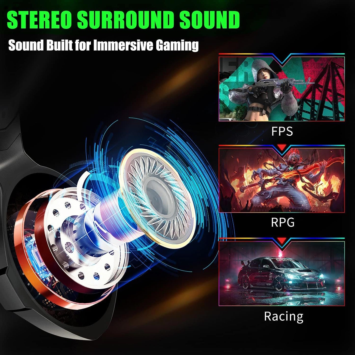 Ozeino Gaming Headset for PC, Ps4, Ps5, Xbox Headset with 7.1 Surround Sound, Gaming Headphones with Noise Cancelling Mic RGB Light Over Ear Headphones for Xbox Series X/S, Switch-Green